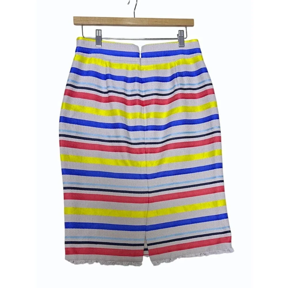 J‎ Crew Striped Cotton Pencil Skirt With Fringe Hem Size 4 Preppy Primary Colors
